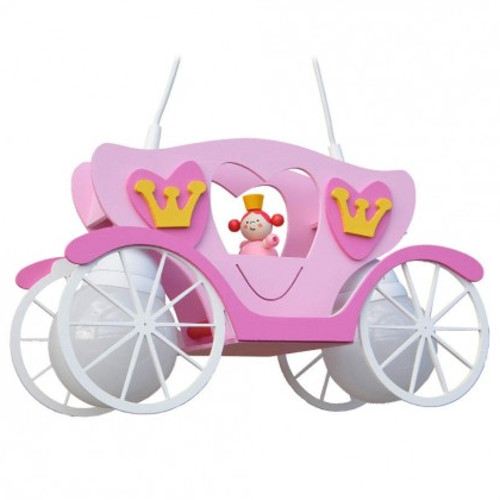 Roze koets met een prinses en plek voor twee peertjes tussen de voor en achterwielen van de koets