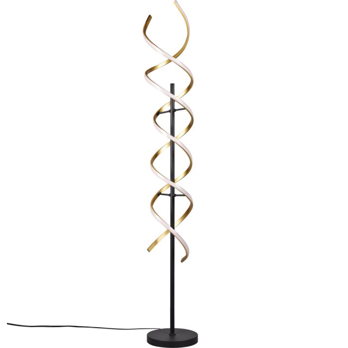 Trio Sequence 441810208 vloerlamp met zwarte paal en twee messingkleurige stangen eromheen gedraaid met LED strip achter wit kunststof