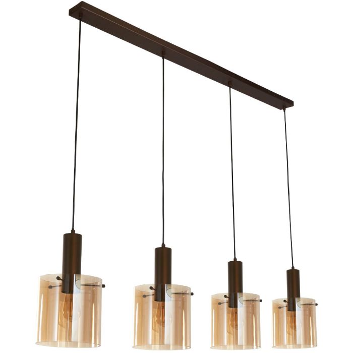 Searchlight Sweden hanglamp van 142cm lang met een mokka bruine plafondbalk en vier pendels met elk een cilindervormige amber glazen kap
