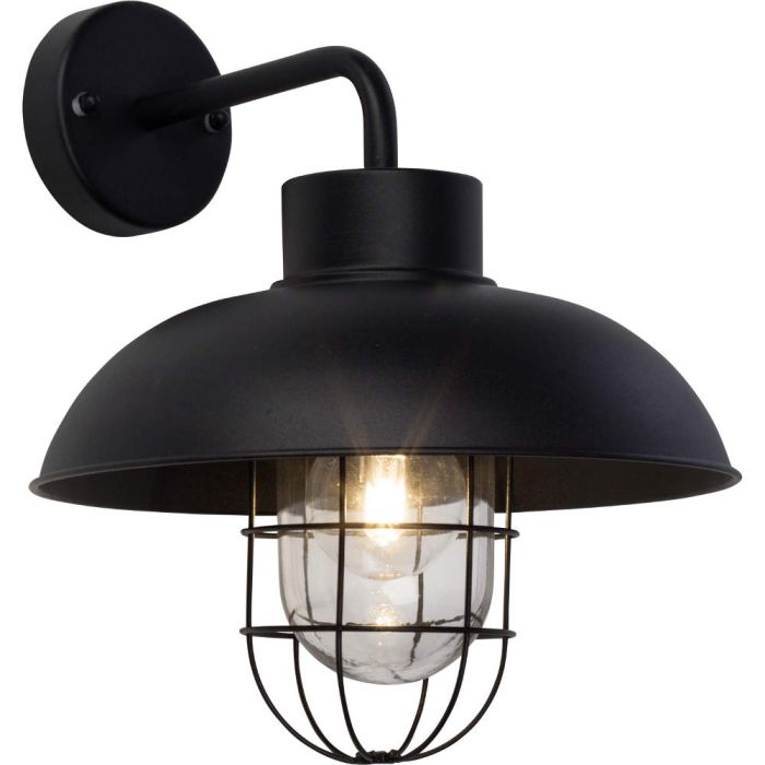 Brilliant Portland 96297/06 zwarte wandlamp voor buiten met hangende kap met glazen kap om de lichtbron met een rooster van metaaldraad