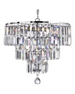 Searchlight Empire 1375-5CC kap van de chromen hanglamp met drie kleiner wordende ringen van kristallen staafjes en een kristallen druppel onderaan