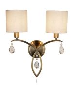 Searchlight alberto 1602-2AB klassiek bronzen wandlamp met trekschakelaar, twee armen met elk een linnen kapje en enkele kristallen aan de armen