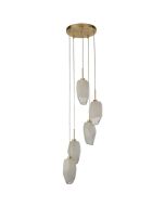 Searchlight Rocky 23146-5SB hanglamp met ronde messing plafondplaat en vijf pendels met wit geborsteld glazen kappen in de vorm van een ruwe steen