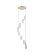 Searchlight Rocky 23147-8SB hanglamp met ronde messing plafondplaat en acht pendels met wit geborsteld glazen kappen in de vorm van een ruwe steen