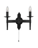 Searchlight Cartwheel 2422-2BK smeedijzeren wandlamp in kasteelstijl met trekschakelaar en twee armen met elk een kaarslamp