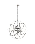 Searchlight Orbit 2478-8SS staalkleurige kroonluchter met vier een bolvormende om elkaar gedraaide ringen en acht kaarslampen in het midden