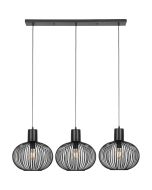 Trio Gila 365700332 zwarte hanglamp met zwarte plafondbalk en drie kappen van metalen latjes