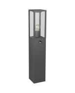 Trio Garonne 401869142 vierkante antracietgrijze paallamp met vier rechthoekige ruitjes met een zichtbare edison lamp en een bewegingsmelder