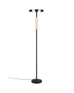 Trio Celeste 454910132 zwarte vloerlamp met verchroomd glazen schijfvormige kap en houten deel aan de paal met een touchdimmer