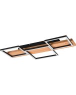 Trio Harper 622910332 grote plafondlamp met houten plank en drie zwarte vierkanten met LED strips eronder