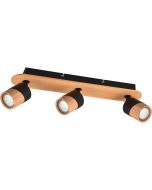 Trio Aruni 801100332 spot met houten plankje op de plafondplaat en drie spotjes van zwart metaal met houten voorzijde