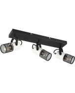 Trio Tosh 804300334 spot met rechthoekige zwarte plafondbalk en drie wit houten spotjes met cilindervormig kapje van zwart metaalgaas