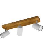 Trio Marley 812400331 spotje met rechthoekige houten plafondplaat en drie witte cilindervormige spotjes met GU10 lampje