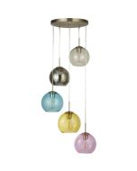 Searchlight Mardi Gras hanglamp met ronde staalkleurige plafondplaat en vijf pendels met elk een gekleurd glazen bolvormige kap in helder, rook, blauw, geel en roze