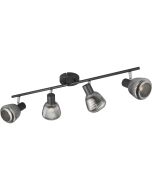 Trio Tarifa 862800432 spot met zwart rond plafondplaatje en vier zwarte spotjes met verchroomd ribbelglazen kapjes aan twee draaibare zwarte stangen