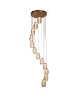 Searchlight Cyclone hanglamp met een diameter van 52cm, een messing plafondplaat en twaalf pendels met champagnekleurige kappen met een tornadovormig element erin