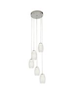 Searchlight Cyclone hanglamp met een diameter van 35cm, een chromen plafondplaat en vijf pendels met helder glazen kappen met een tornadovormig element erin