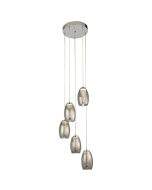 Searchlight Cyclone hanglamp met een diameter van 35cm, een chromen plafondplaat en vijf pendels met rookglazen kappen met een tornadovormig element erin