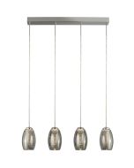 Searchlight Cyclone hanglamp van 75,5cm lang met een chromen plafondbalk en vier pendels met elk een rookglazen kap met een tornadovormig element erin
