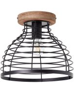 Brilliant Avia 99563/76 industriele plafondlamp met ronde houten plafondplaat en kap van zwart metaaldraad