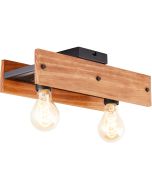 Brilliant Calandra 99449/76 rechthoekige plafondlamp van hout met zwart metalen plankje met twee fittingen en goudkleurig e27 peertjes daaronder