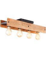 Brilliant Calandra 99450/76 rechthoekige plafondlamp van hout met zwart metalen plankje met vier fittingen en goudkleurige e27 peertjes daaronder