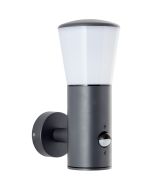 Brilliant Cliff 96476/63 antraciet grijze wandlamp voor buiten met kegelvormige wit kunststof opstaande kap en bewegingsmelder