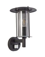 Brilliant Detroit 96463/76 zwarte wandlamp voor buiten met bewegingsmelder en met staande lantaarn en dubbele cilindervormige kap van zwart gaas en helder kunststof