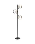 Searchlight Orbital zwarte vloerlamp met drie opaal glazen bollen met zwart met goudkleurige ring eromheen