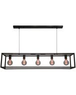 Freelight Esteso zwarte hanglamp van een 120cm lang metalen frame met vijf E27 fittingen en een creme plafondbalk