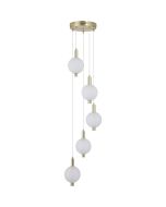 Searchlight Luminique mat messing hanglamp van 41cm in diameter met vijf pendels met een kap van bolvormig mat geribbeld glas