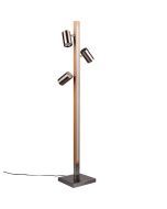 Trio Marley 412510407 houten vloerlamp met LED balk, staal kleurige voet en drie staalkleurige spotjes