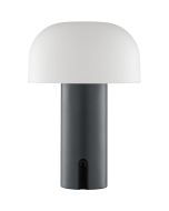 Brilliant Dori zwarte oplaadbare tafellamp van 12,8 cm hoog en 10,5 cm in diameter met bolvormige wit glazen kap