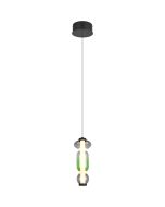 Trio Minerva hanglamp met zwarte plafondplaat en pendel met drie ovale glazen in groen en rookglas boven elkaar met een LED buis in het midden