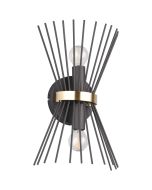 Trio Rod zwart met goud kleurige wandlamp bestaande uit twee kogellampen en zwarte staafjes halfrond ervoor geplaatst