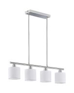 Reality Tommy staalkleurige hanglamp van 75cm lang met vier hangende ronde kapjes van wit textiel van 12cm in diameter
