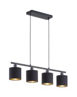Reality Tommy zwarte hanglamp van 75cm lang met vier hangende ronde kapjes van zwart textiel van 12cm in diameter