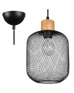 Reality Calimero zwarte hanglamp met houten fittinghouder en kap met een diameter van 18 cm van ovaalvormig zwart gaas
