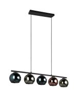Trio Sheldon hanglamp van 83 cm lang met vijf bolvormige glazen kappen op rij in blauw, groen en koperkleurig glas