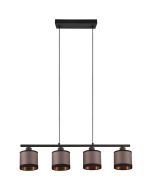Trio Davos zwarte hanglamp van 75 cm lang met vier taupe kleurige kapjes van textiel