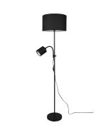 Trio Owen zwarte vloerlamp van 160 cm hoog met zwarte kap van textiel en zwart kapje voor de leeslamp ook van textiel met dubbele snoerschakelaar