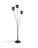 Trio Sheldon vloerlamp van 153 cm hoog met drie armen met blauw groen en koperkleurig glazen kappen