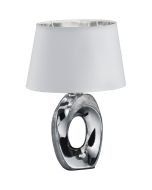 Trio Taba R50511089 tafellamp met zilverkleurige cirkelvormige voet en ovale lampenkap van wit textiel en zilverkleurige binnenzijde