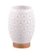 Trio Bidar R51571031 tafellamp met houten onderzijde en witte kap van metaal met een open motief