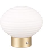 Reality Earl R57771101 oplaadbare tafellamp op batterijen met mat messing voet en geribbeld opaal ovaal glazen kap