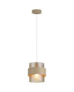 Searchlight Royal hanglamp met zandkleurige plafondplaat en zandkleurige metalen band om een cilindervormig amberkleurig ribbelglazen kap