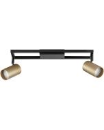 Brilliant Salor zwarte plafondspot van 48,7 cm lang met zwart frame langs het plafond en twee goudkleurige spotjes met GU10 lampjes