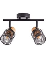 Brilliant Santy 99397/76 zwart plafondspot met twee spots met fittinghouder van hout en kapje van zwart metaal met open motief