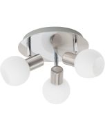 Brilliant Tiara 15634/13 staal met chromen plafondplaat met drie spotjes met wit bolvormige glazen kapjes