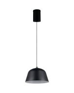 Reality Tova zwart metalen hanglamp met kap van 30 cm in diameter met een witte binnenzijde en een katrolsysteem in de plafondkap voor de hoogte